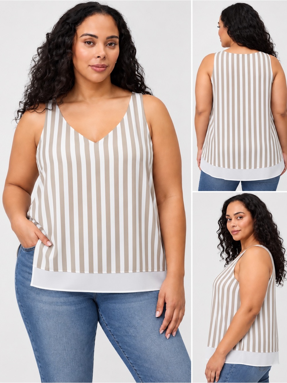 Torrid Women’s Size 00 Ivory Taupe Striped V Neck Sleeveless Layered Blouse Top